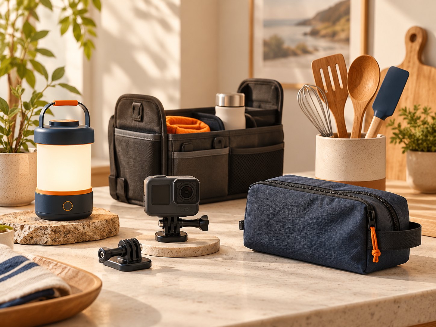 Curated everyday finds including a camping lantern, action camera, car organizer, travel pouch and kitchen tools